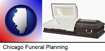 an open funeral casket in Chicago, IL