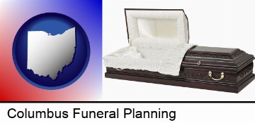 an open funeral casket in Columbus, OH
