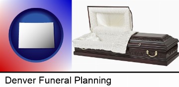 an open funeral casket in Denver, CO