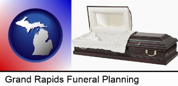 an open funeral casket in Grand Rapids, MI