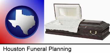 an open funeral casket in Houston, TX