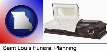 an open funeral casket in Saint Louis, MO