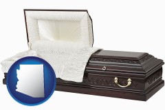 arizona map icon and an open funeral casket