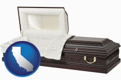 california map icon and an open funeral casket