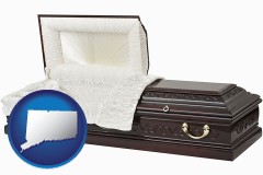 connecticut map icon and an open funeral casket