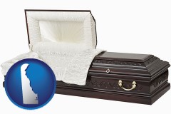 delaware map icon and an open funeral casket
