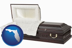 florida map icon and an open funeral casket