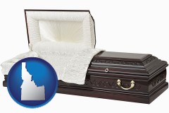 idaho map icon and an open funeral casket