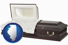 illinois map icon and an open funeral casket