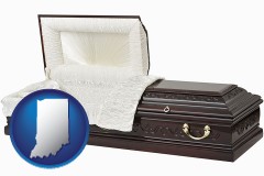 indiana map icon and an open funeral casket