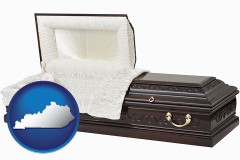 kentucky map icon and an open funeral casket