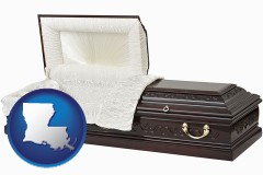 louisiana map icon and an open funeral casket