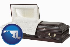 maryland map icon and an open funeral casket