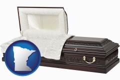 minnesota map icon and an open funeral casket