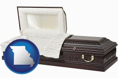 missouri map icon and an open funeral casket