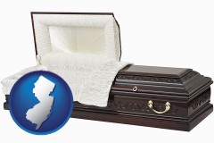 new-jersey map icon and an open funeral casket