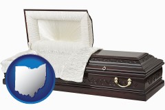 ohio map icon and an open funeral casket