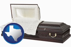 texas map icon and an open funeral casket