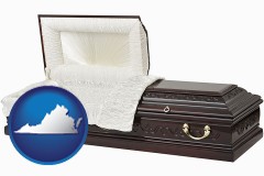 virginia map icon and an open funeral casket