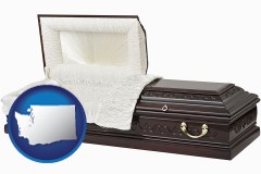 washington map icon and an open funeral casket