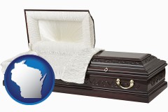 wisconsin map icon and an open funeral casket