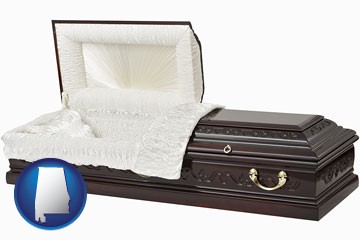 an open funeral casket - with Alabama icon