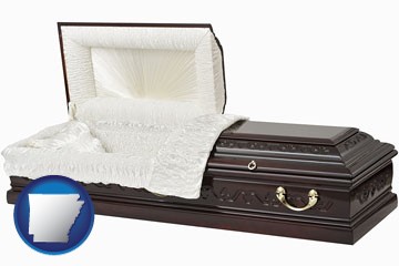 an open funeral casket - with Arkansas icon