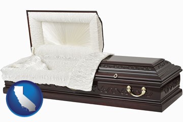 an open funeral casket - with California icon