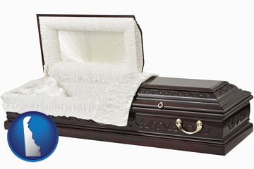 an open funeral casket - with Delaware icon