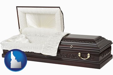 an open funeral casket - with Idaho icon