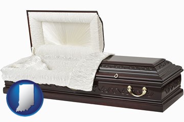an open funeral casket - with Indiana icon