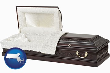 an open funeral casket - with Massachusetts icon