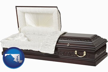 an open funeral casket - with Maryland icon