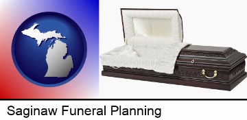 an open funeral casket in Saginaw, MI