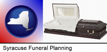 an open funeral casket in Syracuse, NY