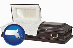 massachusetts map icon and an open funeral casket